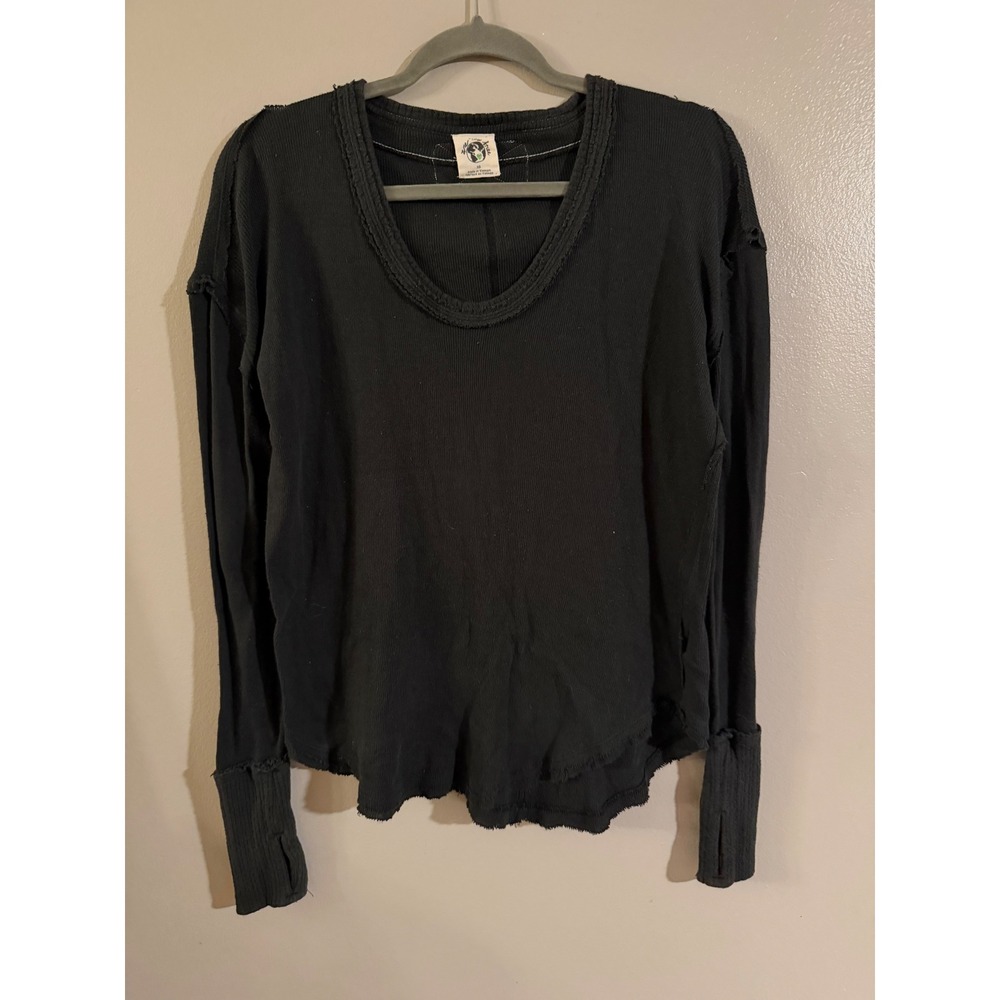 We The Free Free People Black Thermal Waffle Knit Scoop Neck Top XS Thumbholes